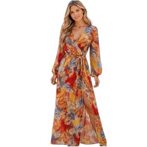 Spy Zone Exchange Tropical Leaf Wrap Maxi Dress XL Long Sleeve Belted